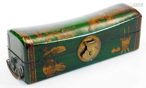 A 20thC green lacquered wood box, shaped as a pillow decorated with various ladies in flowing robes,