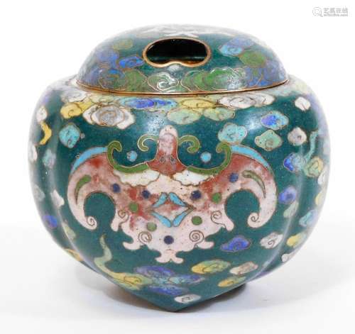 A Japanese green ground cloisonne tripod koro and pierced cover, decorated with stylized bats on a