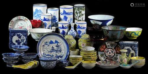 Various 20thC Chinese Oriental and other ceramics, etc., various blue and white brush pots, 12cm