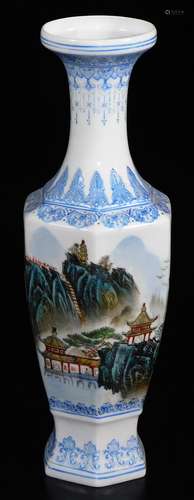 A Chinese Republic style vase, of hexagonal form with trumpet neck, decorated in enamels pavilions