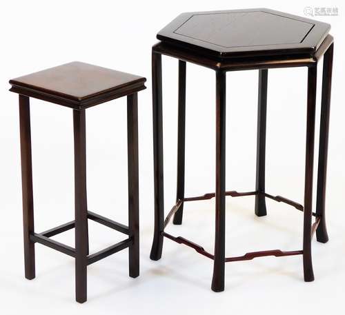 A Japanese hexagonal hardwood stand, with tapered splayed legs, 23cm high, and another square