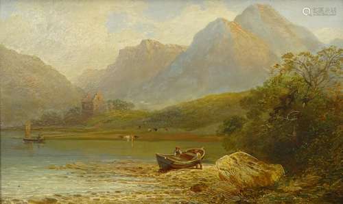 19thC Continental School. Mountain river scene with figures by a rowing boat, oil on panel, indistin