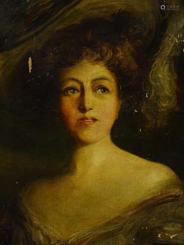 19thC School. Head and shoulders portrait of a maiden wearing a feather hat, oil on canvas, 75cm x 6