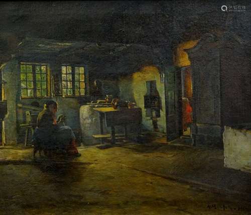 Anders Montan (1845-1917). Old lady in cottage interior, oil on canvas, signed and dated 1912, 56.5c