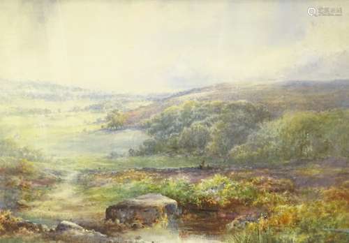 20thC British School. Extensive landscape with figure and dog, watercolour, 46cm x 67cm.