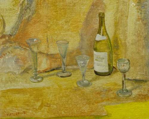 W.S. Taylor (1920-2010). Glasses and bottles, oil on canvas, signed, dated (19)85, titled verso, 51c