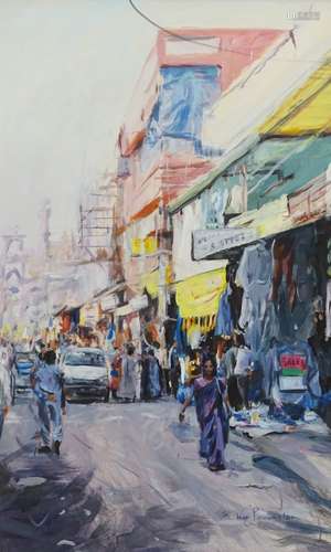 Kim Simmens (?)(20thC). Indian street scene, oil on board, signed and dated (20)01, 87.5cm x 52cm.