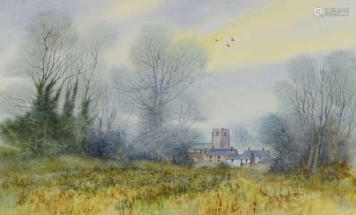 Trevor Parkin (B.1935). Winter church, watercolour, signed and titled verso, 25cm x 40.5cm. Label ve