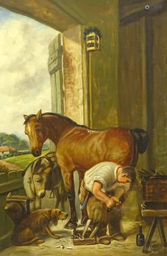 J. Howard (19thC/20thC). At the Inn, The Blacksmith, oil on canvas - pair, signed and dated (18)91,