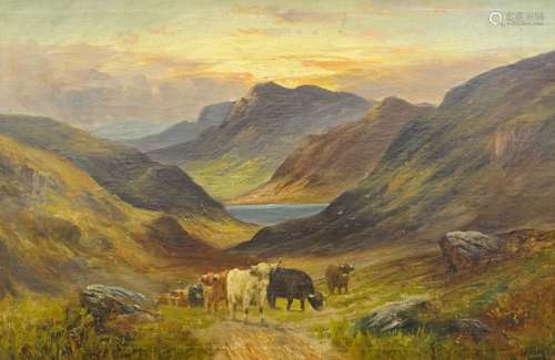 Charles W. Oswald (19thC/20thC). Highland cattle in mountain landscape, oil on canvas, signed, 47.5c