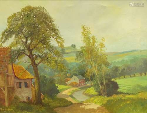 •Toon Verplak (1901-1966). Country lane with cottages, oil on canvas, signed, 59cm x 78cm.