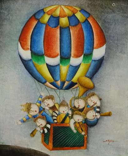 Joyce Roybal (b.1955). Balloon musician, oil on canvas, signed, 63.5cm x 52.5cm, and another. (2)