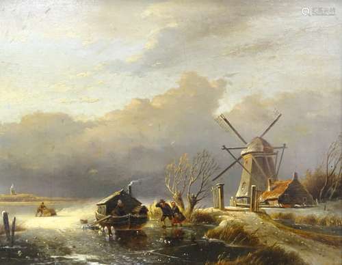 19thC Continental School. Dutch water scene with figures and barge, oil on panel, 34.5cm x 43.5cm.