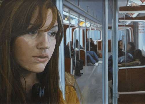 Joe Simpson (b.1984). Strangers on a train, oil on canvas, signed and dated (20)06 verso, 49.5cm x 7