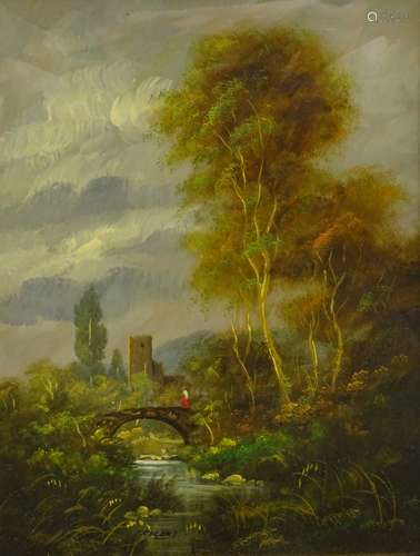 Roges (20thC). River landscape with a figure on a bridge, oil, signed, 29cm x 23cm.