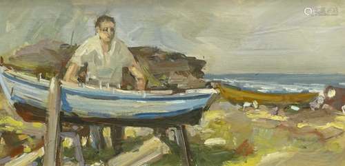 20thC British School. Coastal scene with figure and fishing boats, oil on canvas, 28.5cm x 58.5cm.