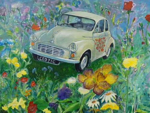 John Elson (b.1962). The Art of the Steel (sic), cartoon caricature of a Morris Minor within a still