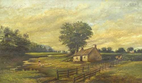 19thC British School. Rural landscape with cottage and figures, oil on canvas, indistinctly signed a