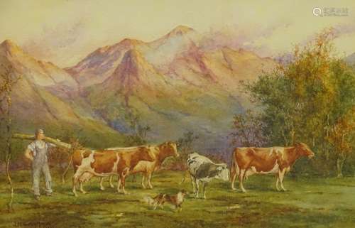 J. McQueen Moyes (19thC). Cattle in mountain landscape, watercolour, signed and dated 1853, 24cm x 3