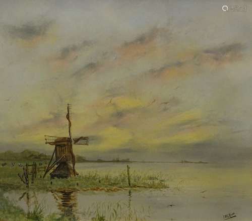 C.M.L. Kouw (19thC/20thC). River landscape with windmill, watercolour, signed and inscribed verso, 3