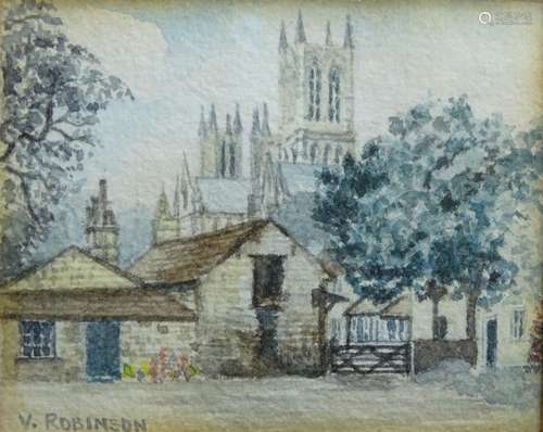 V. Robinson (19thC/20thC). Lincoln Cathedral, watercolour, signed, 55cm x 65cm, and two others, Stee