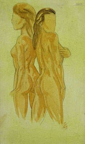 20thC School. Female nude studies, oil on board - pair, initialled, 58cm x 33.5cm.