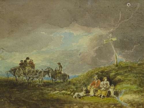 19thC School. Landscape with figures, horse and cart, watercolour, 14cm x 19cm.