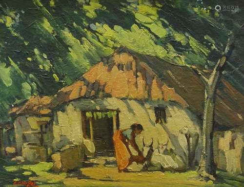 G.D. Paulraj (1914-1989). Washer women outside tribal dwelling, oil on canvas, signed, 51cm x 65cm.