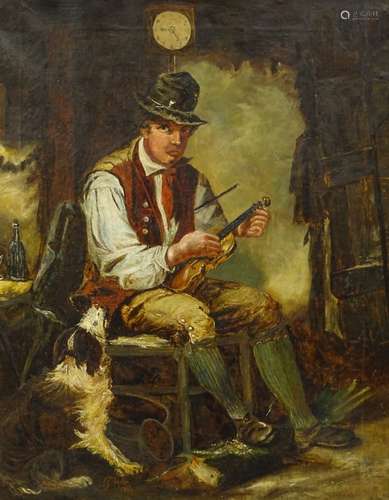 B. Halle (19thC). Gentleman with violin and dog, oil on canvas, signed and dated 1832, 50cm x 39.5cm