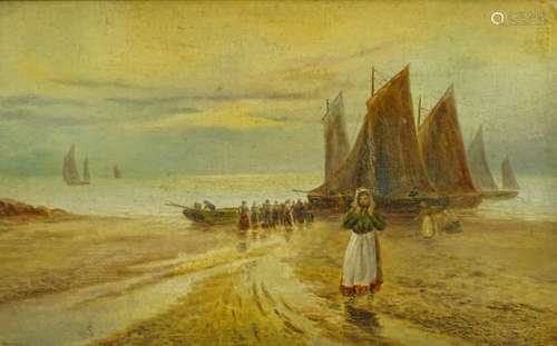 19thC School. Fisherwoman - coastal scene, oil on canvas, 24cm x 395cm, and two watercolours. (3)