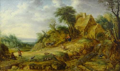 18thC/19thC Continental School. Rural landscape with figures, animals and watermill, oil on canvas,