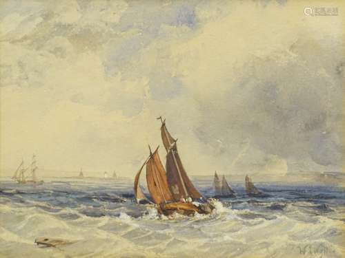 William Lionel Wyllie (1851-1931). Fishing boats off coast, watercolour, signed, 13.5cm x 18cm.