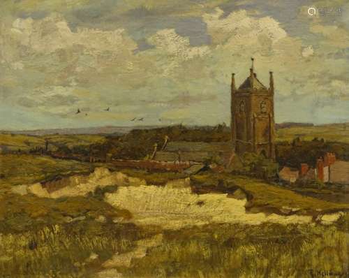 Rudolf Hellwag (1867-1942). Church landscape, oil on canvas, signed, 33cm x 41cm.