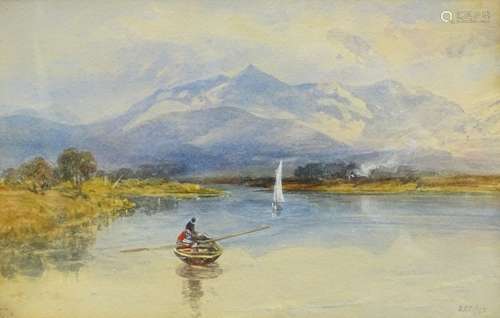 E.C.S. (19thC). Lake scene with rowing boat and sailing boat, watercolour, initialled and dated (18)