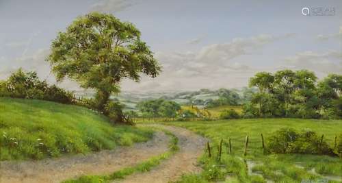 Lesley Harrett (20thC). River landscape, oil on board - pair, signed, 19cm x 34cm.