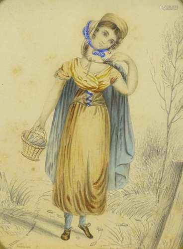 19thC School. Maiden holding a basket, watercolour, 15cm x 11cm, and eight other pictures. (9) Prove