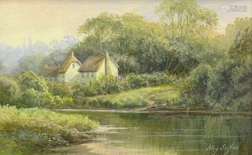 Hilary Scoffield (b.1958). River landscape with country cottages, watercolour, signed, 15cm x 24.5cm