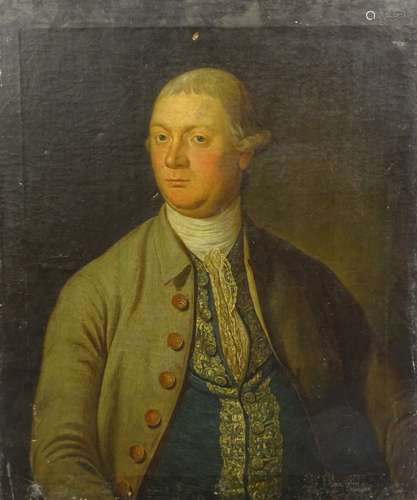 18thC British School. Half length portrait of a gentleman wearing gold braid waistcoat and white nec