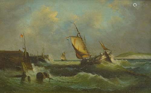 A.E. Dodds(?) (19thC). Fishing boats in stormy seas, oil, signed and dated 1860, 29cm x 49.5cm.