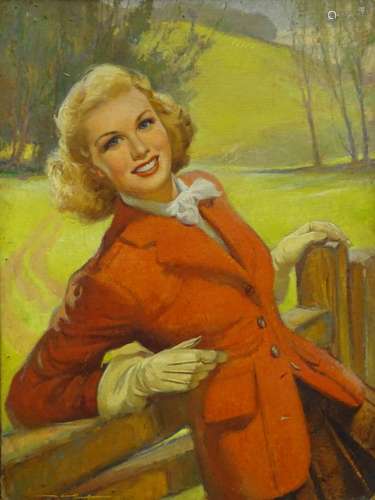 20thC School. Lady wearing a red jacket, oil on board, signed, 71cm x 53cm.