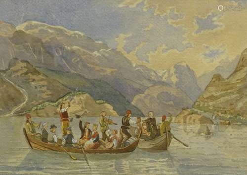 19thC School. Figures in a rowing boat, watercolour, 24cm x 34cm, and another signed M. C. Wolf. (2)