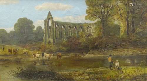 19thC British School. River landscape with ruin Abbey with cattle watering and figures fishing, oil,