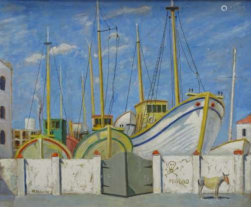 Rudolph Inlec (20thC). Fishing boats in dry dock, oil on board, signed and dated (19)66, 60cm x 72.5