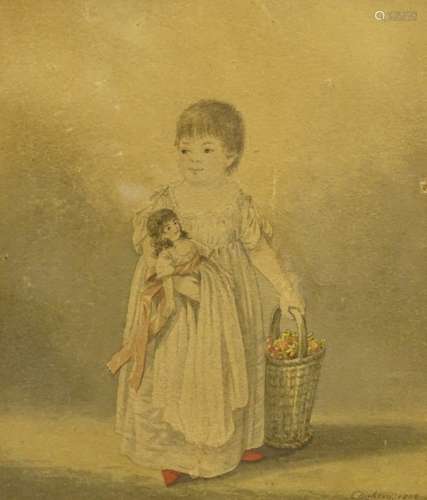 C Dighton (19thC). Young child holding a doll, watercolour, signed and dated 1802, 19cm x 16cm, and