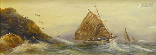 19thC British School. Masted ship off rock coast, oil on board, 12.5cm x 33.5cm.