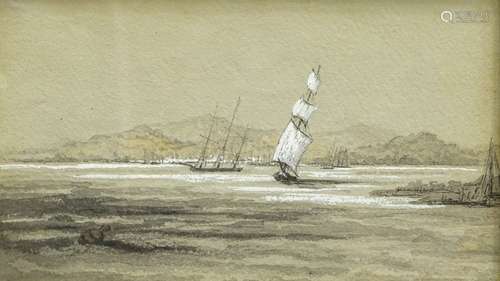 19thC British School. Masted ships off the coast, watercolour drawing with highlight, 12.5cm x 21cm,