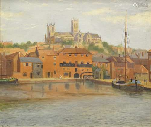 Alfred Ernest White (1873-1953). Lincoln Cathedral from The Brayford, oil on board, signed and dated