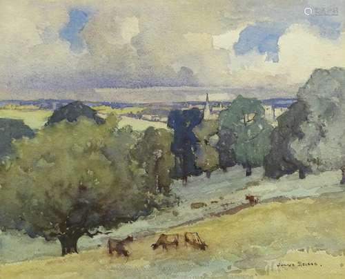 Julius Maximilian Delbos (1879-1970). Landscape with cattle grazing, watercolour, signed, 36cm x 43c