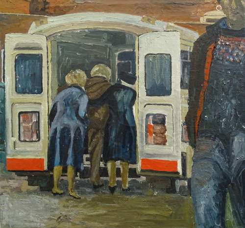 Noel R. Brannan (1921-2001). Community bus, oil on canvas, titled verso, 61cm x 63cm.