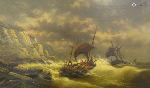 Louis Etienne Timmermans (1846-1910). Fishing boats in stormy seas, off rocky coast, oil on canvas,